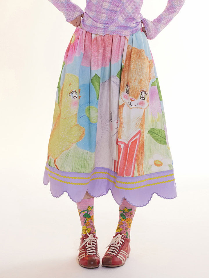 Storybook Animal Print Midi Skirt