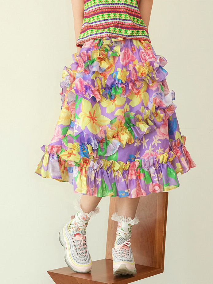 Purple Floral Ruffle Midi Skirt
