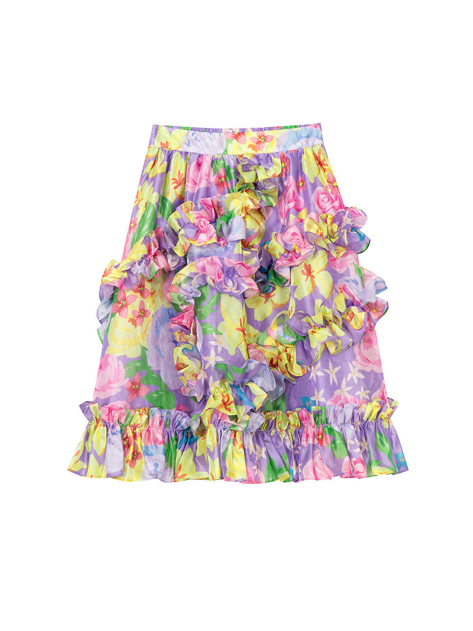 Purple Floral Ruffle Midi Skirt