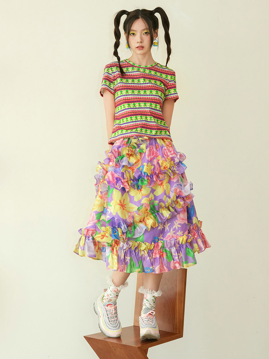 Purple Floral Ruffle Midi Skirt