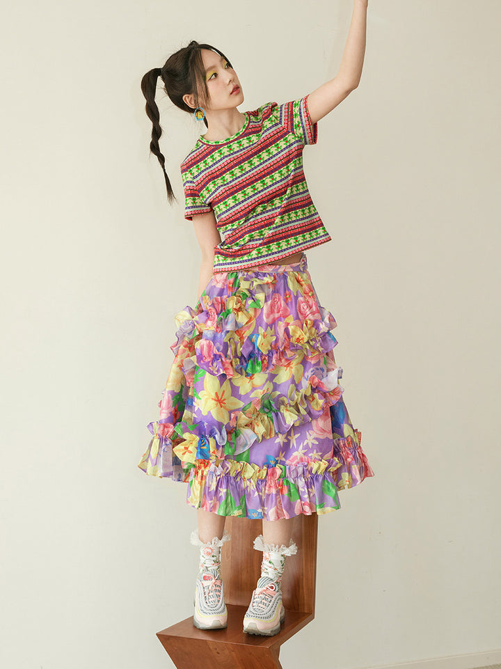 Purple Floral Ruffle Midi Skirt