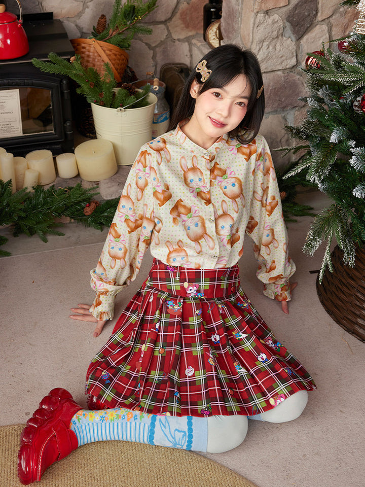Red Plaid Cartoon Print Pleated Mini Skirt