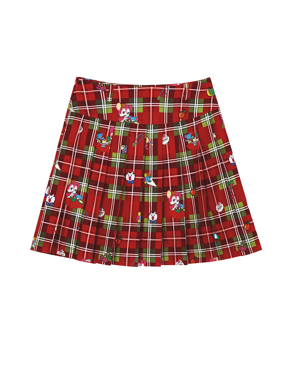 Red Plaid Cartoon Print Pleated Mini Skirt