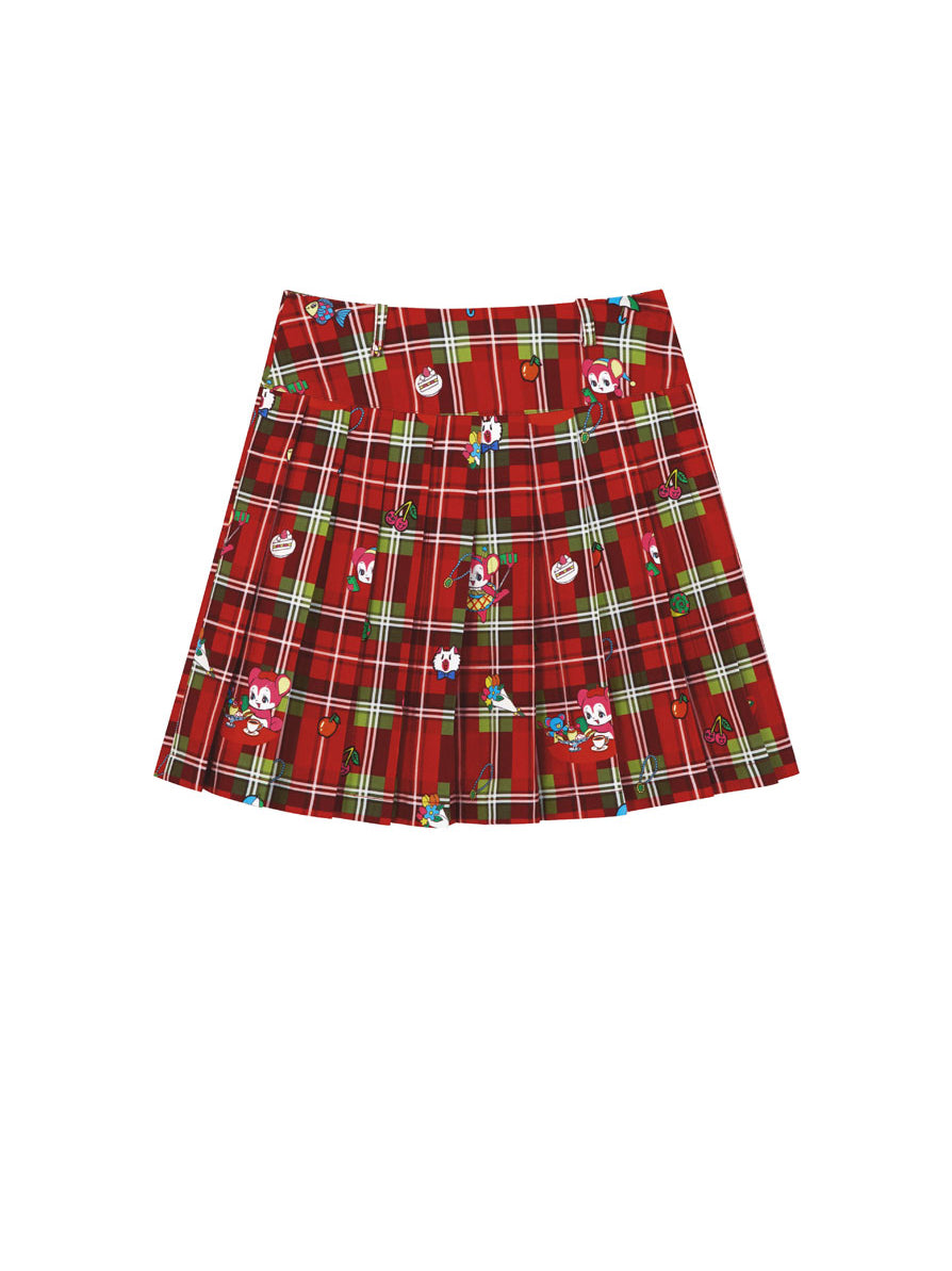Red Plaid Cartoon Print Pleated Mini Skirt