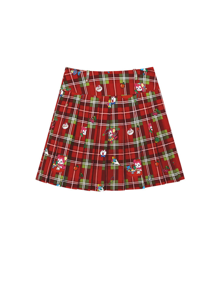 Red Plaid Cartoon Print Pleated Mini Skirt