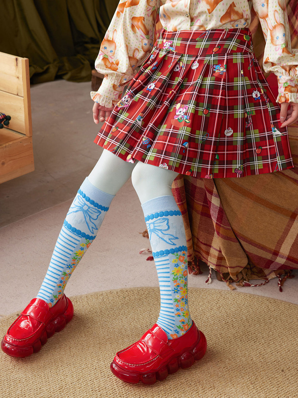 Red Plaid Cartoon Print Pleated Mini Skirt