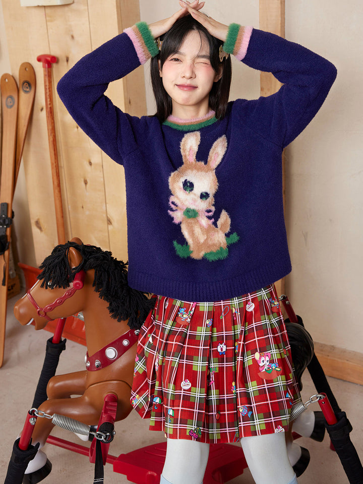 Red Plaid Cartoon Print Pleated Mini Skirt