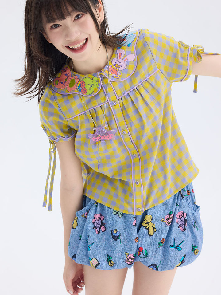 Yellow Purple Gingham Animal Embroidered Blouse