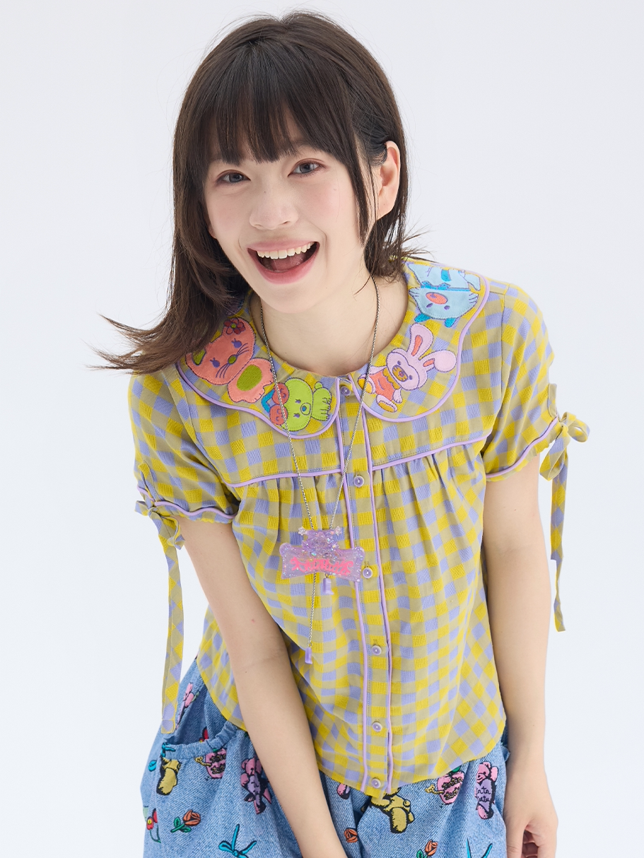 Yellow Purple Gingham Animal Embroidered Blouse