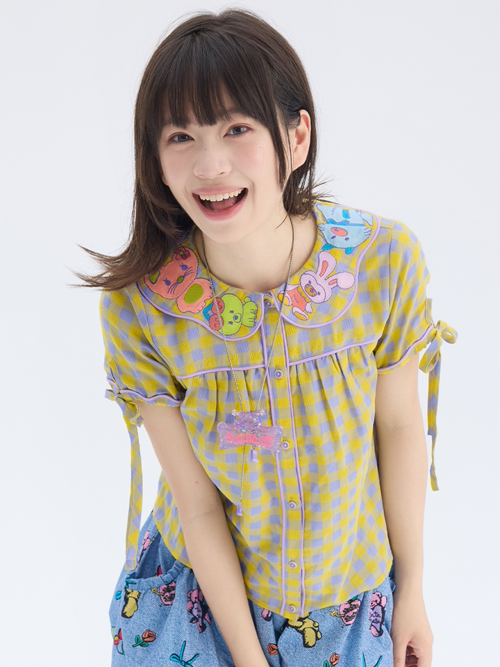Yellow Purple Gingham Animal Embroidered Blouse