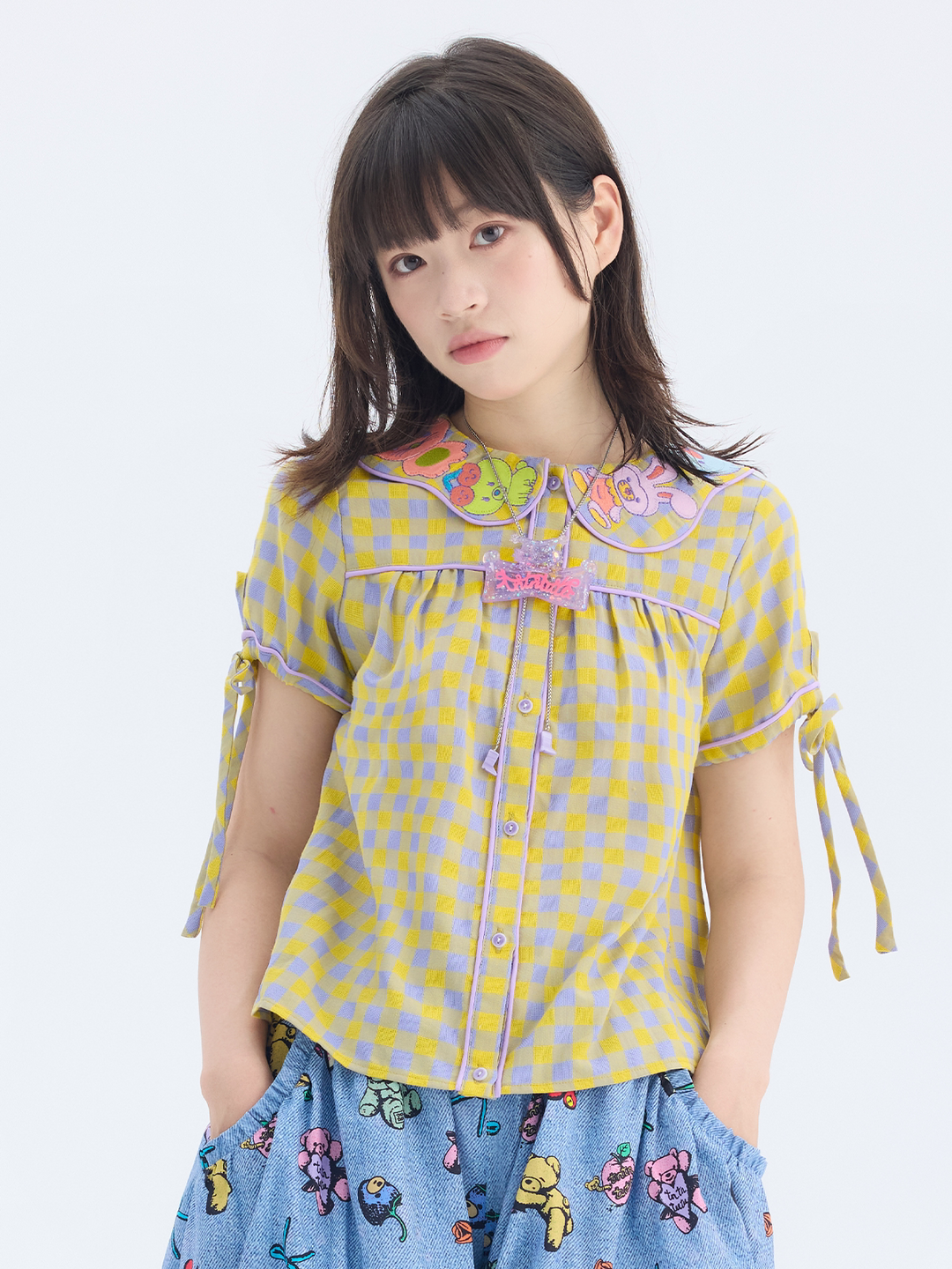 Yellow Purple Gingham Animal Embroidered Blouse