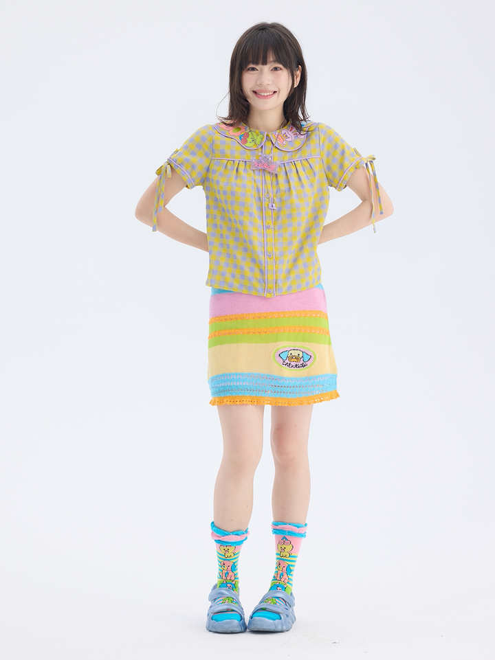 Yellow Purple Gingham Animal Embroidered Blouse