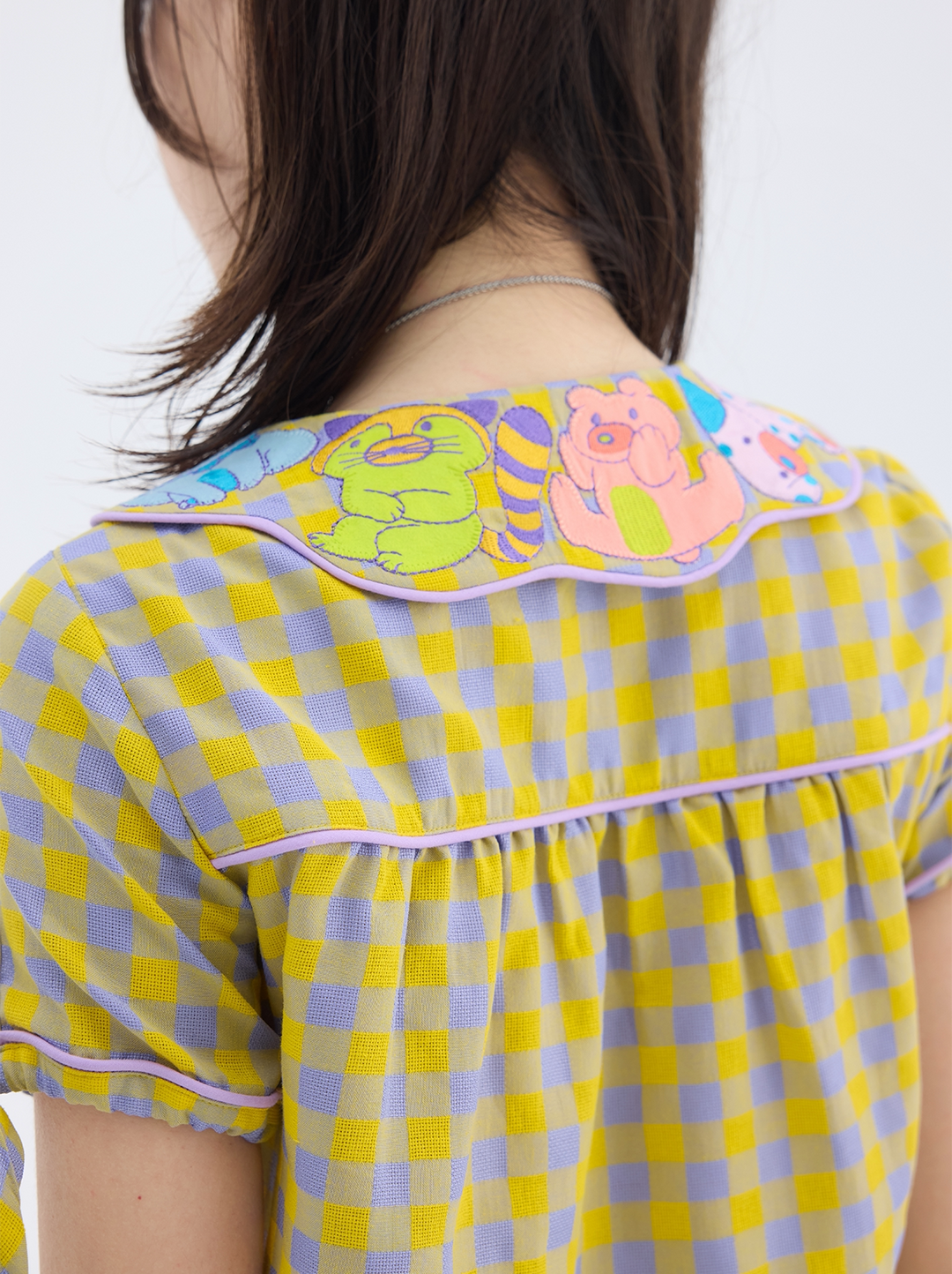 Yellow Purple Gingham Animal Embroidered Blouse