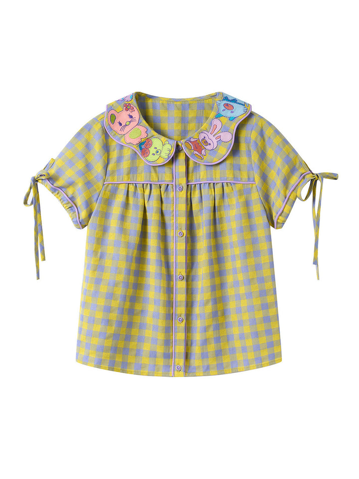 Yellow Purple Gingham Animal Embroidered Blouse