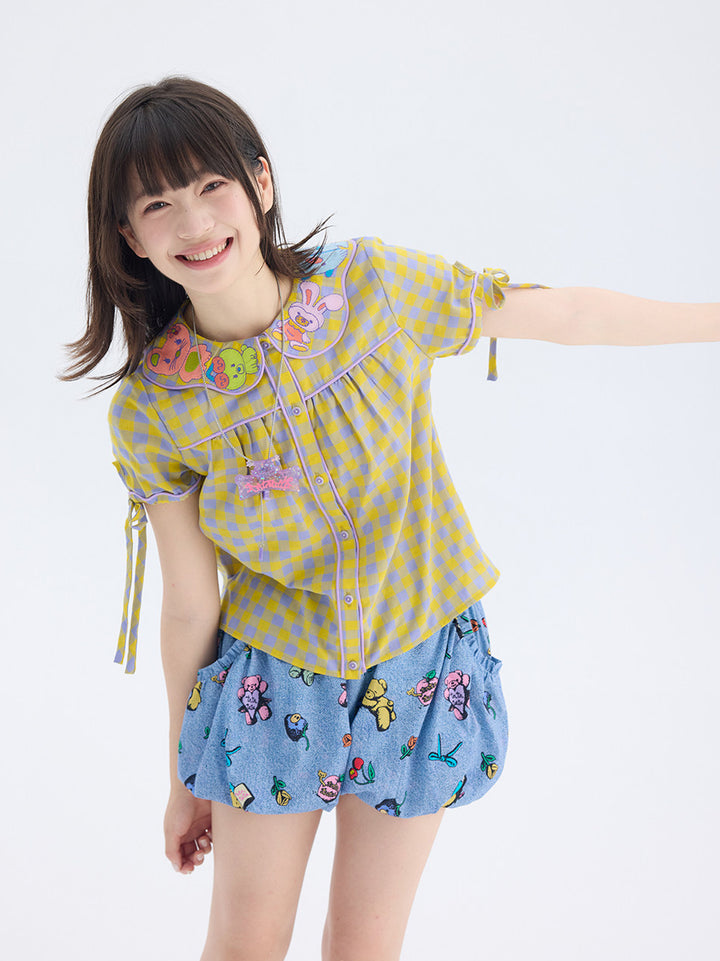 Yellow Purple Gingham Animal Embroidered Blouse