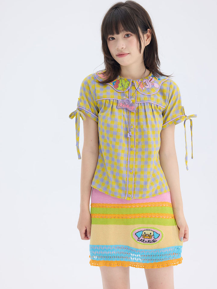 Yellow Purple Gingham Animal Embroidered Blouse