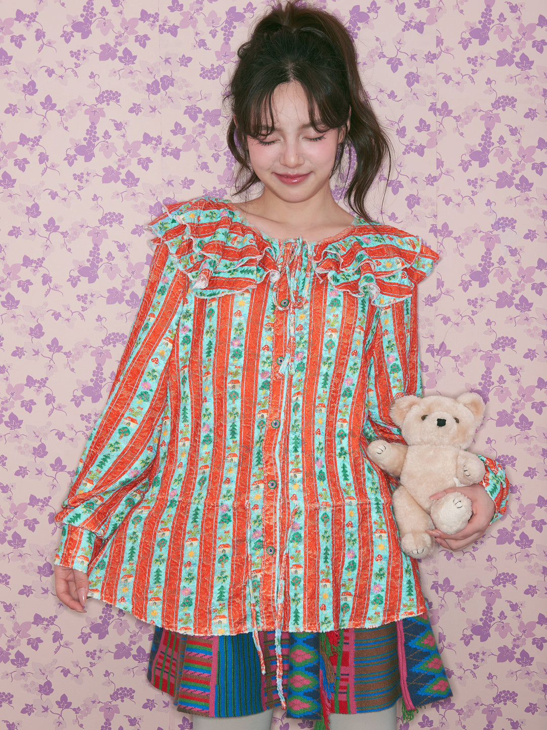 Red Green Floral Stripe Ruffle Blouse
