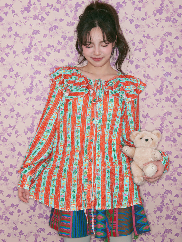 Red Green Floral Stripe Ruffle Blouse