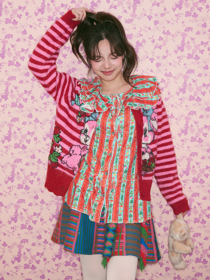 Red Green Floral Stripe Ruffle Blouse