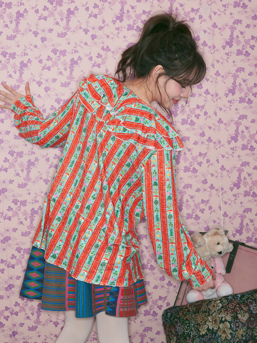 Red Green Floral Stripe Ruffle Blouse