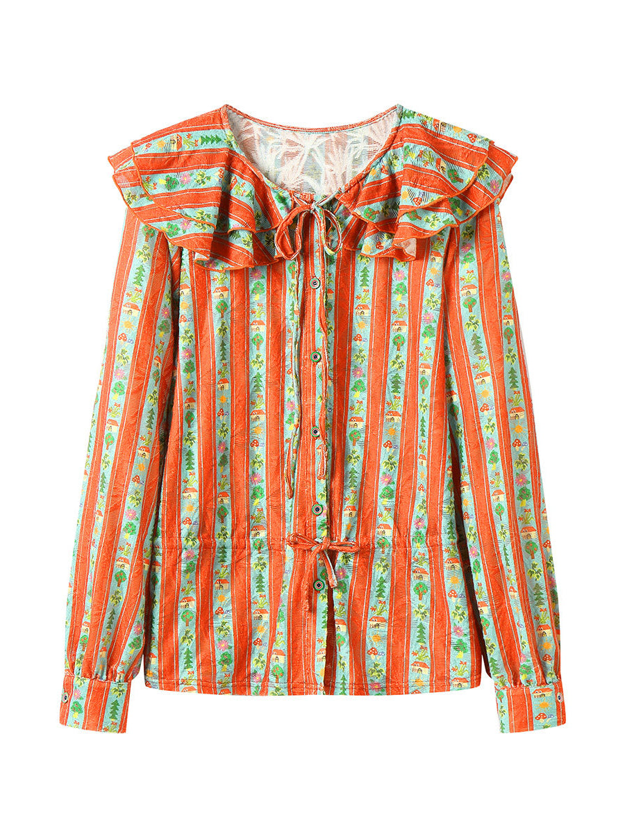 Red Green Floral Stripe Ruffle Blouse