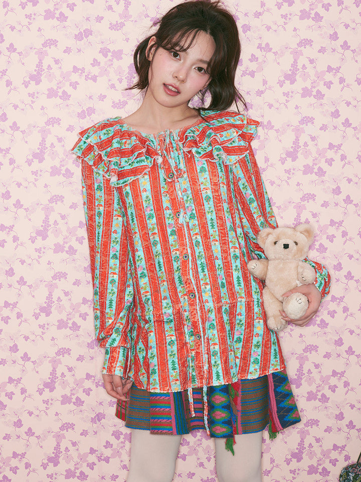Red Green Floral Stripe Ruffle Blouse