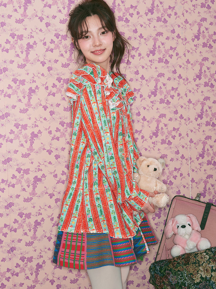 Red Green Floral Stripe Ruffle Blouse