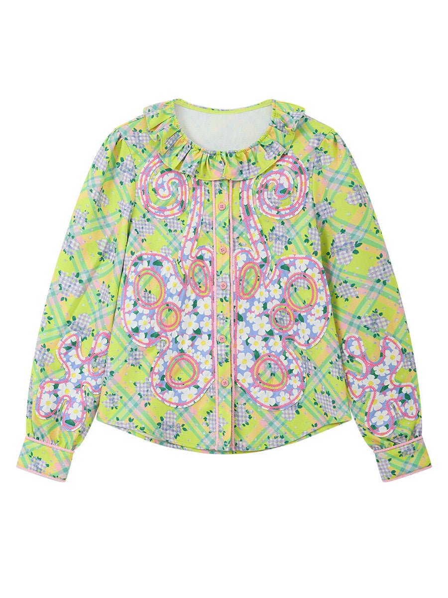 Lime Green Plaid Butterfly Appliqué Blouse