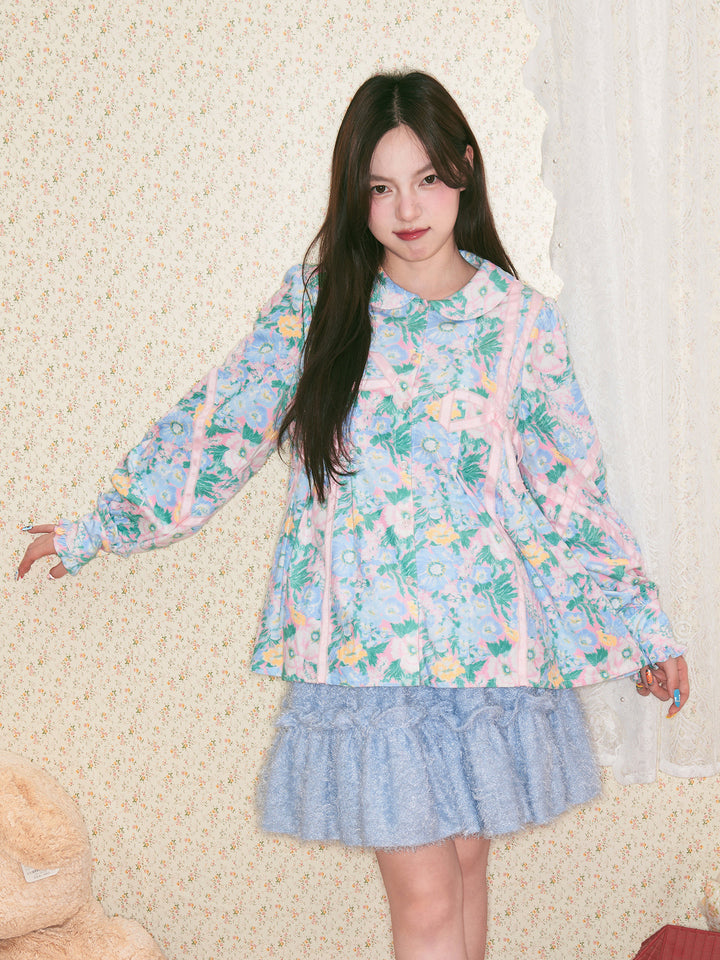 Mint Floral Bow Trim Blouse