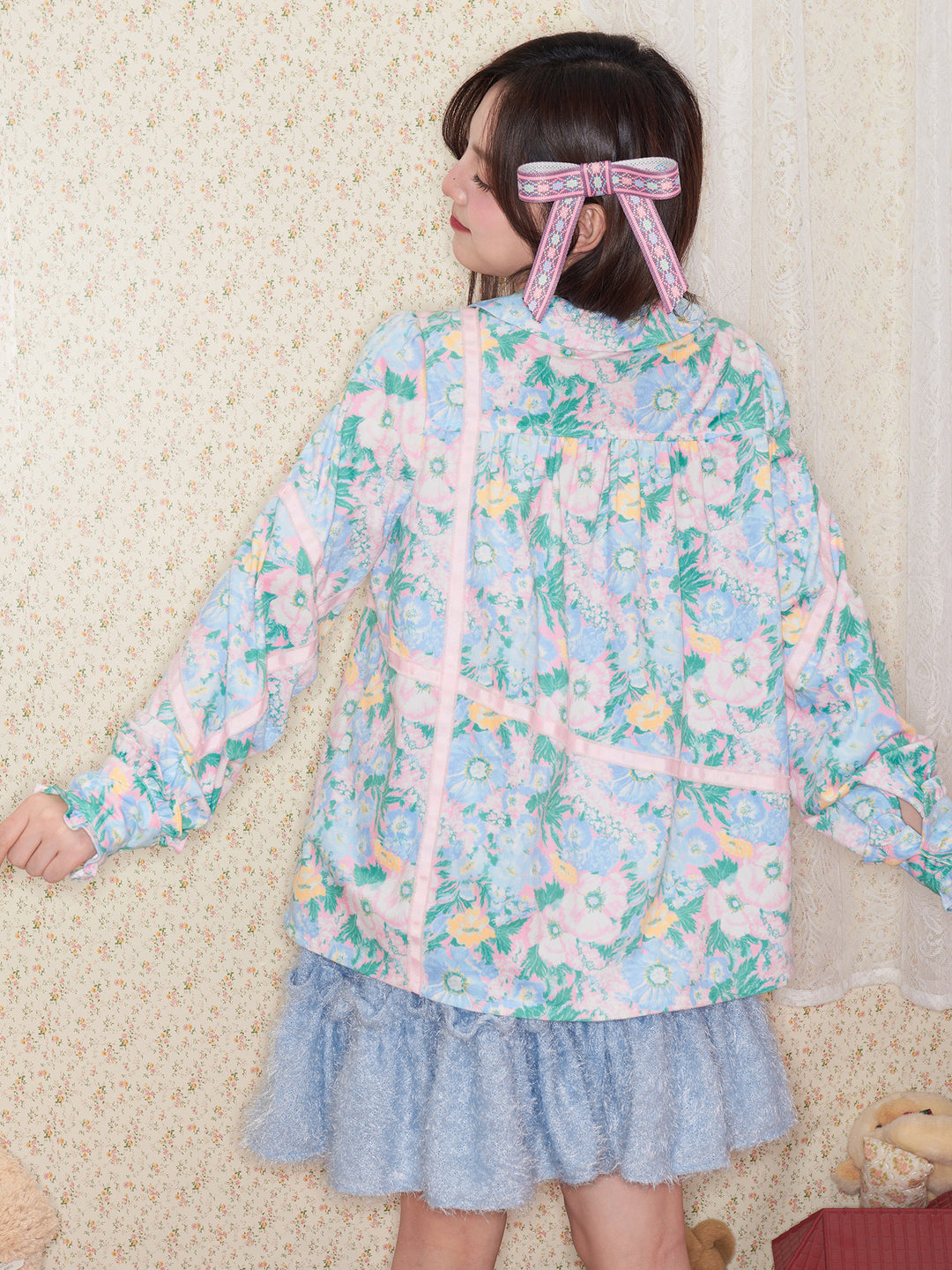 Mint Floral Bow Trim Blouse