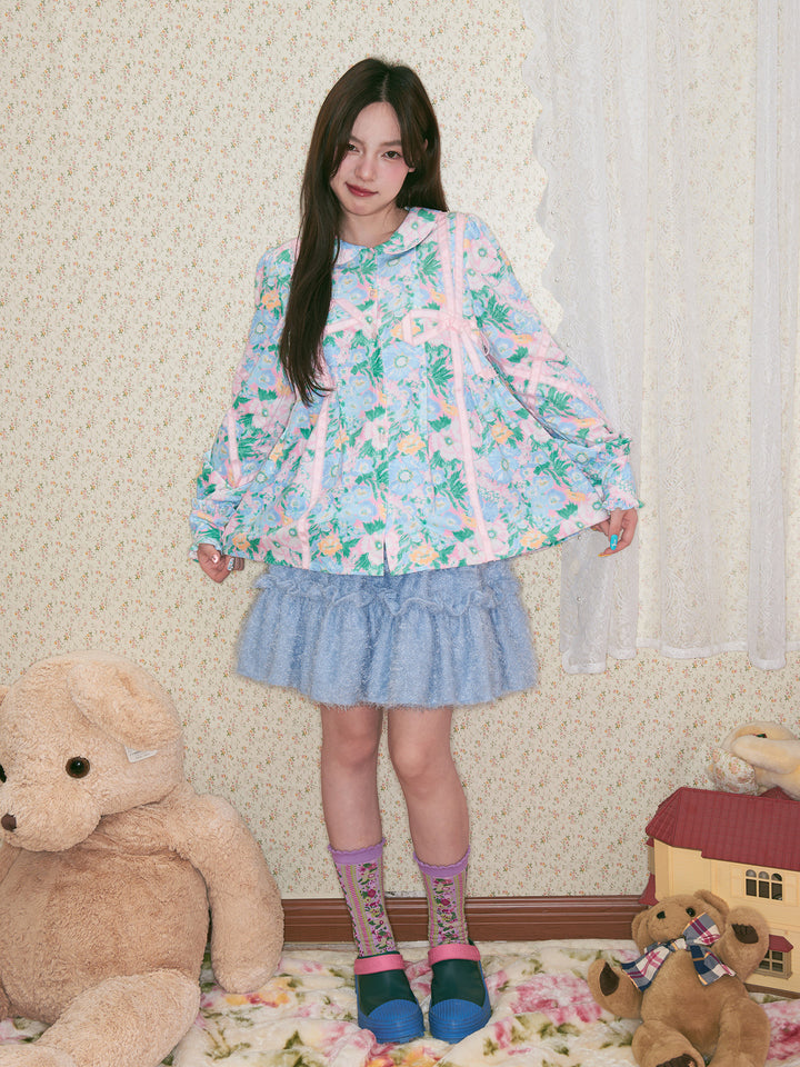 Mint Floral Bow Trim Blouse