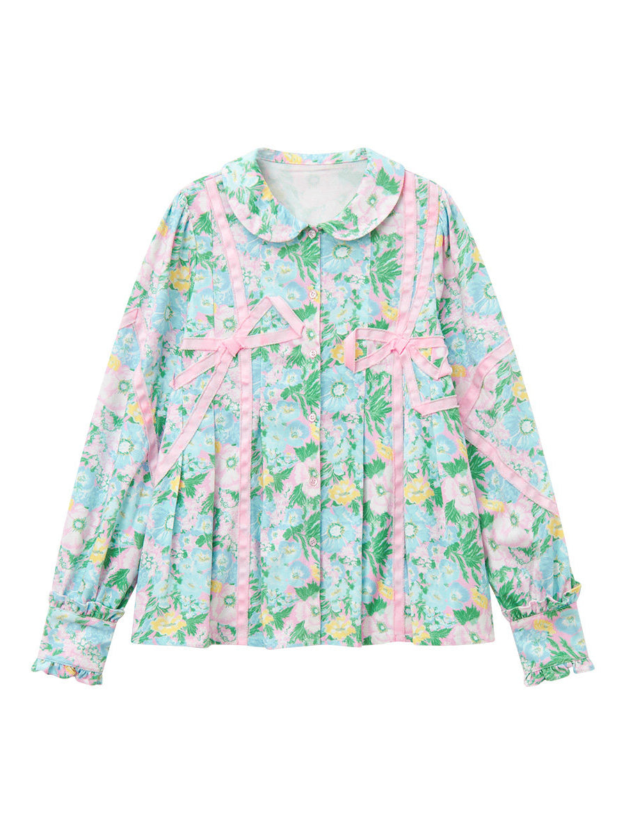Mint Floral Bow Trim Blouse