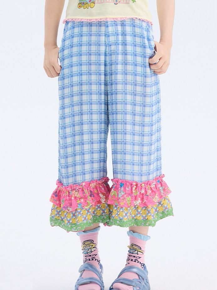 Blue Plaid Patchwork Ruffle Pants