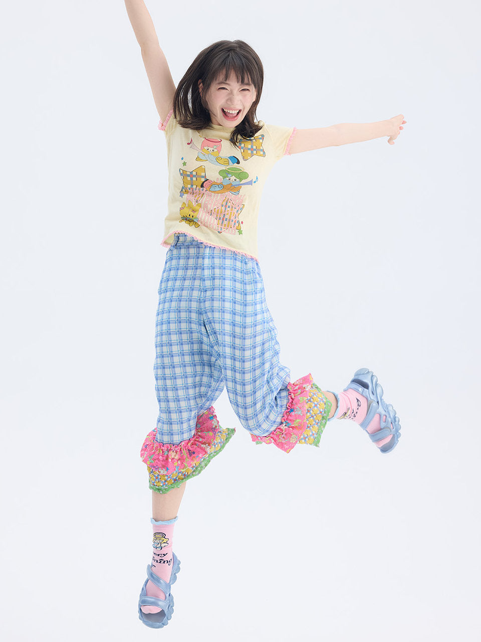 Blue Plaid Patchwork Ruffle Pants