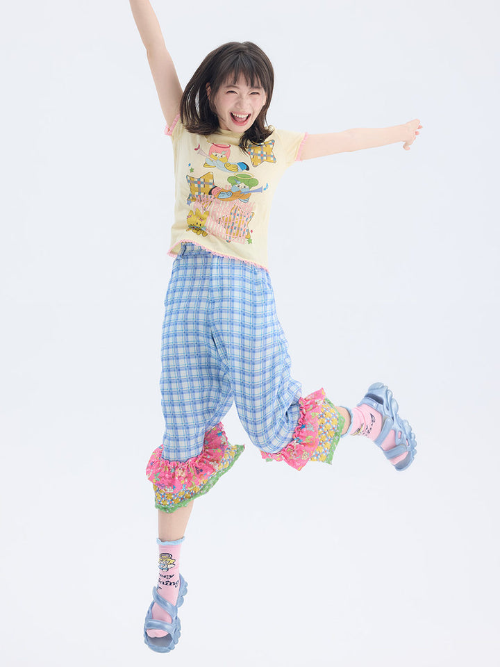 Blue Plaid Patchwork Ruffle Pants