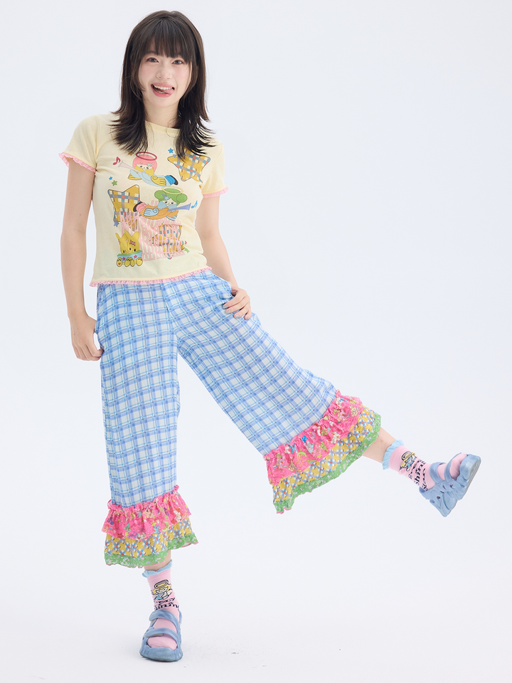 Blue Plaid Patchwork Ruffle Pants