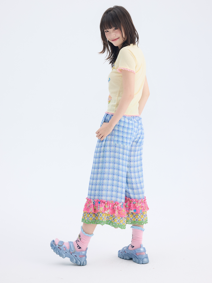 Blue Plaid Patchwork Ruffle Pants
