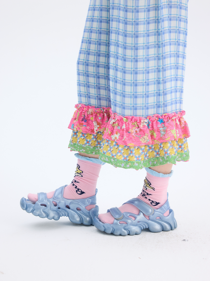 Blue Plaid Patchwork Ruffle Pants