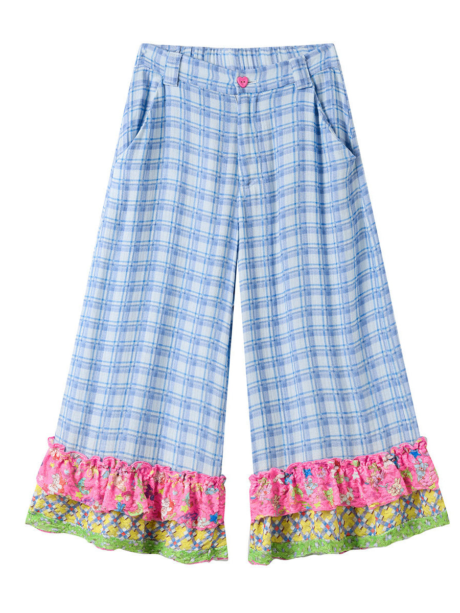 Blue Plaid Patchwork Ruffle Pants