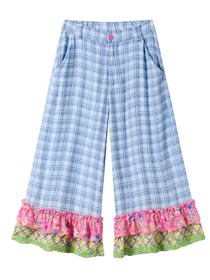 Blue Plaid Patchwork Ruffle Pants