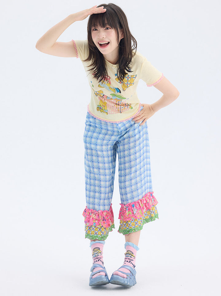 Blue Plaid Patchwork Ruffle Pants