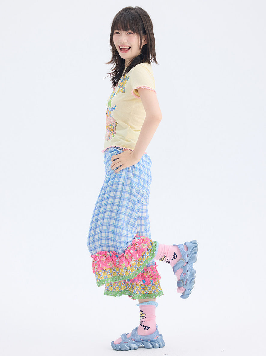 Blue Plaid Patchwork Ruffle Pants
