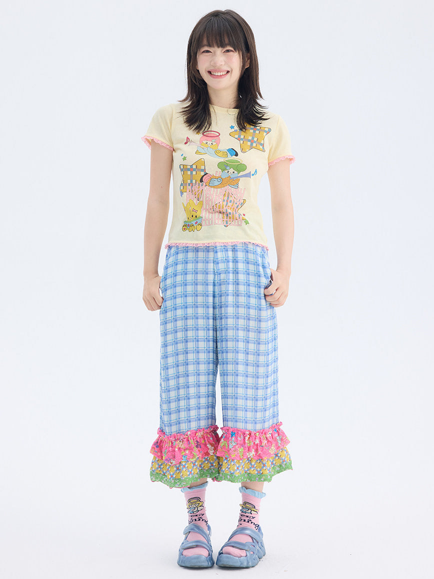 Blue Plaid Patchwork Ruffle Pants