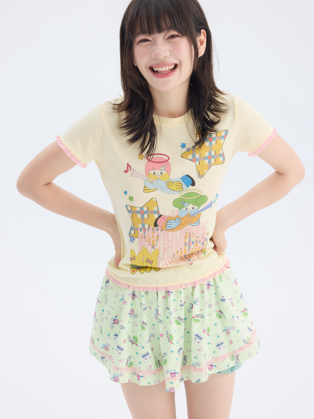 Mint Green Angel Print Ruffle Skort