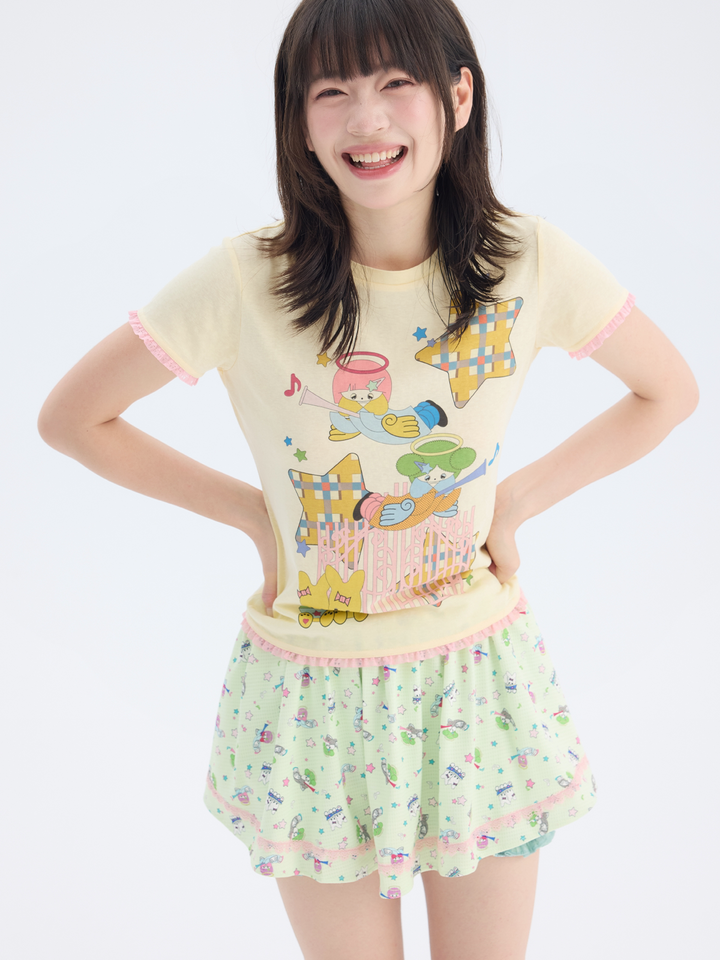 Mint Green Angel Print Ruffle Skort