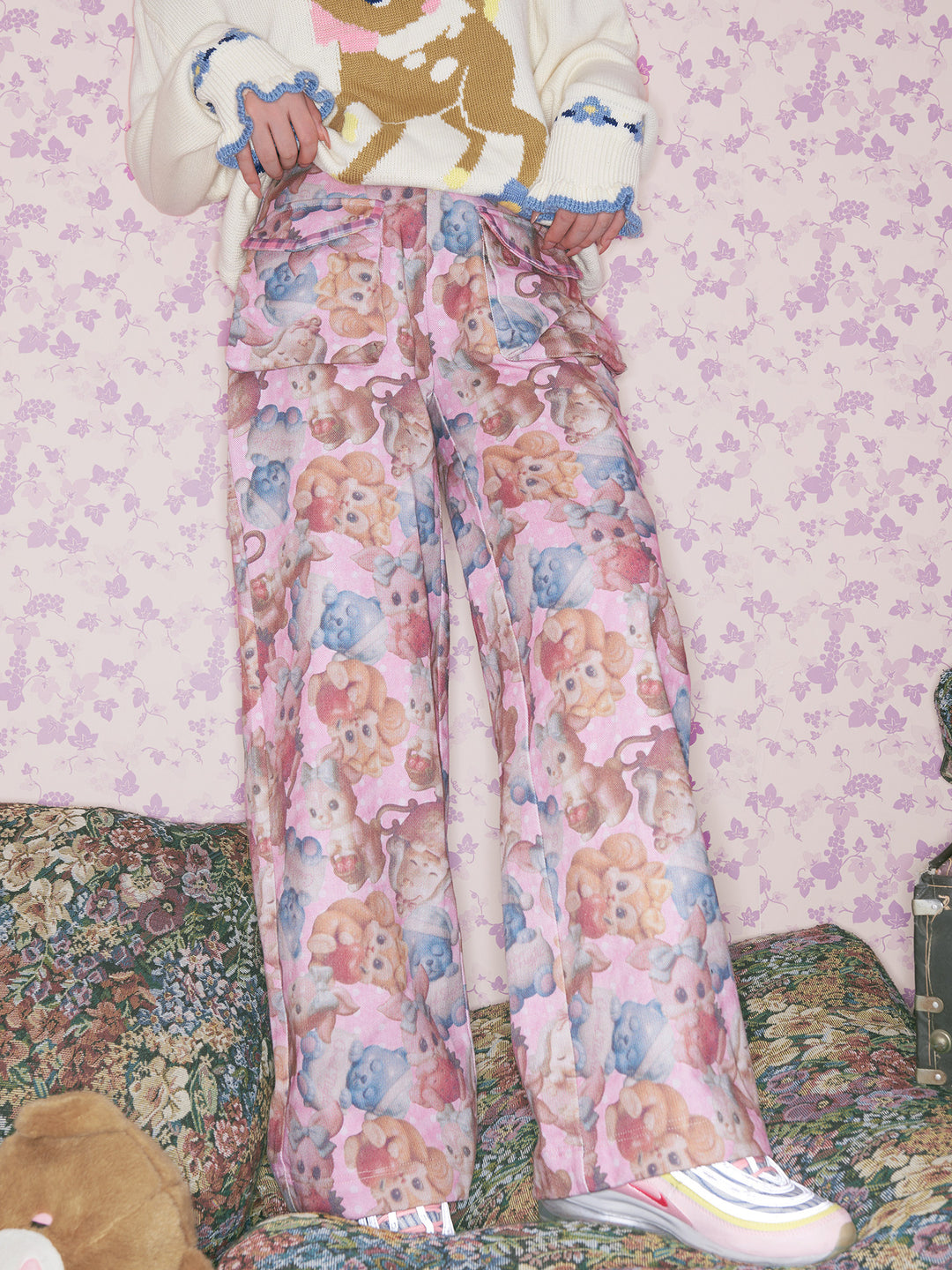 Pink Retro Animal Print Cargo Jeans