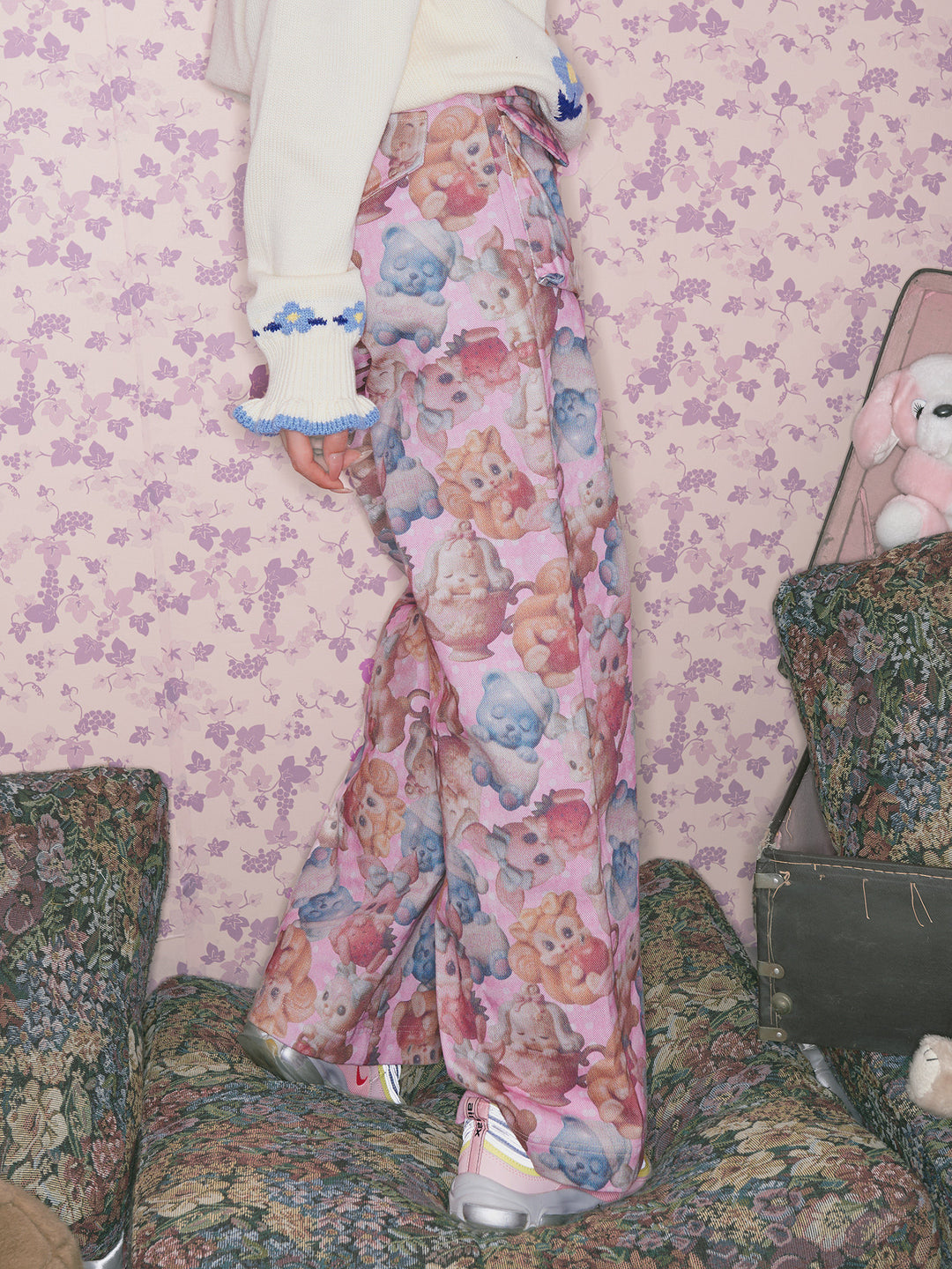 Pink Retro Animal Print Cargo Jeans
