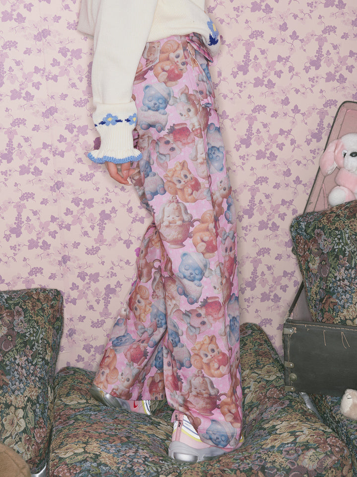 Pink Retro Animal Print Cargo Jeans