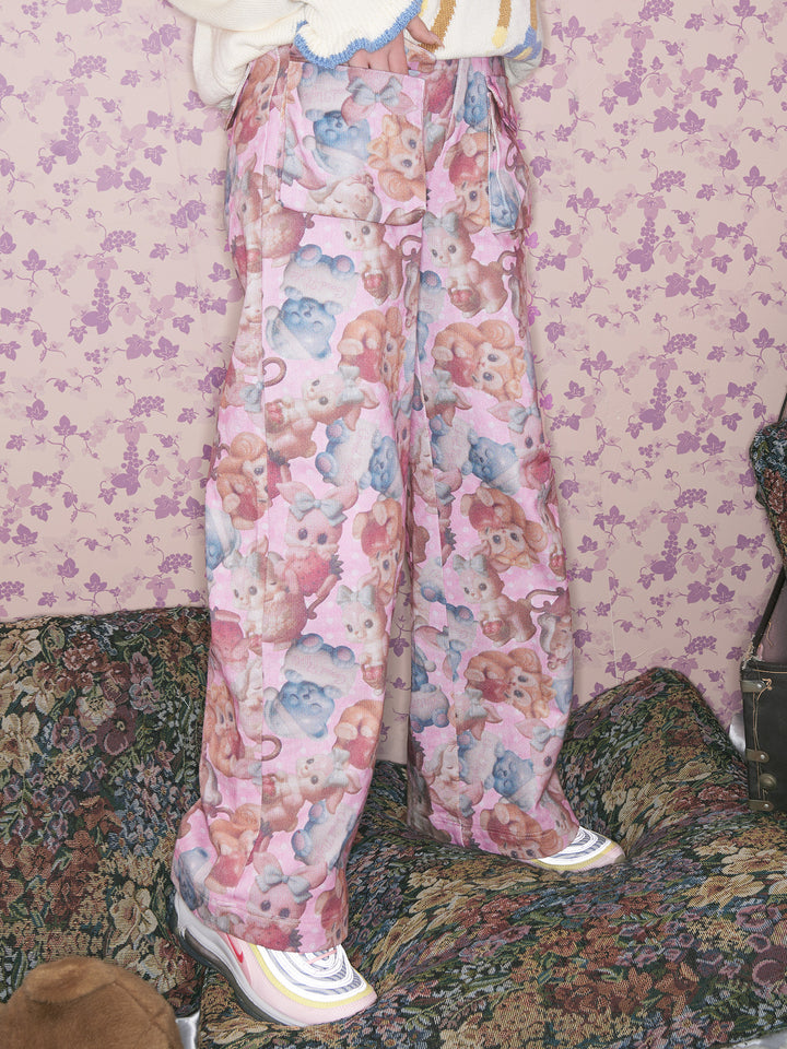 Pink Retro Animal Print Cargo Jeans