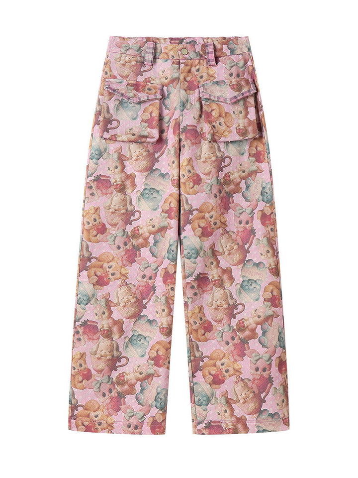 Pink Retro Animal Print Cargo Jeans